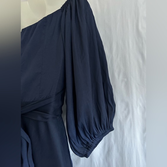 Here Comes the Sun Navy Satin Babydoll Empire Waist Poof Sleeve Mini Dress XS - Picture 3 of 14
